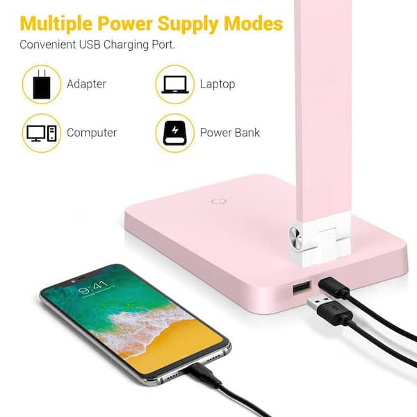 13.9 in. Pink Dimmable LED Swing Arm Task & Reading Lamp with USB