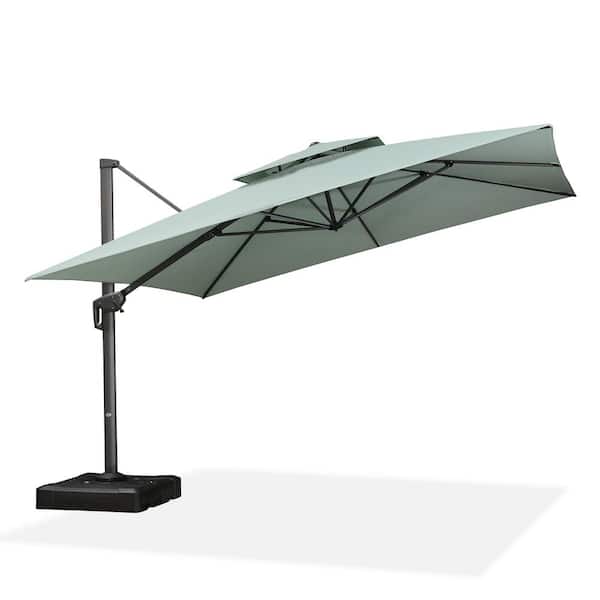 PURPLE LEAF 12 ft. Square 2-Tier Aluminum Cantilever 360° Rotation Patio Umbrella with Base in Ground, Mint Green