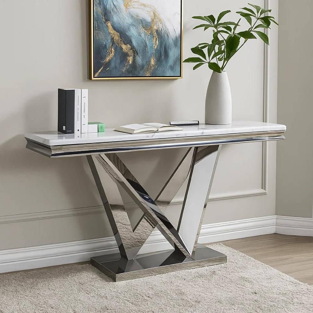 Vily 55 in. Chrome and White Rectangle Faux Marble Console Table price history on PriceWatchPro