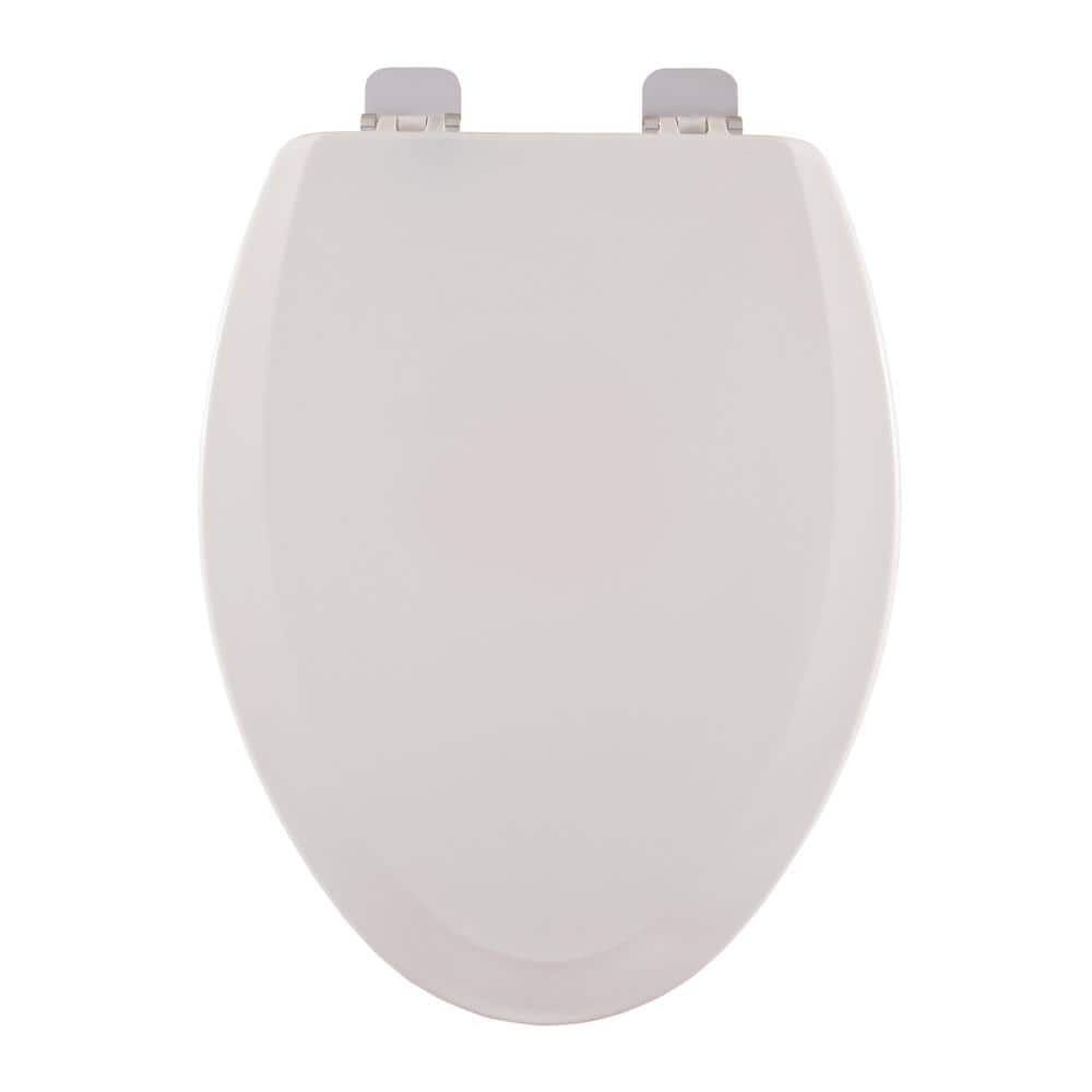 Elongated White Molded Wood Toilet Seat with Chrome Hinges