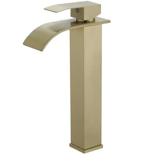 Waterfall Single Hole Single Handle Bathroom Vessel Sink Faucet With Supply Hose in Brushed Gold