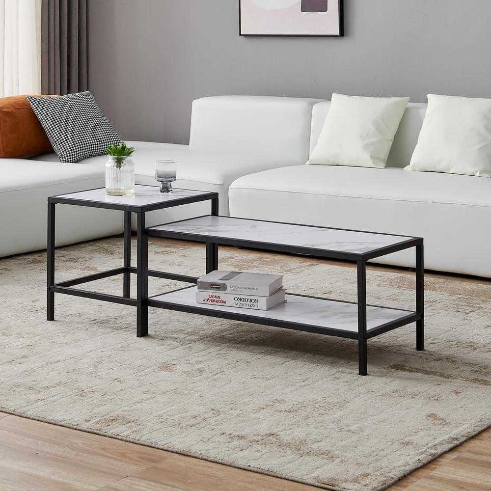 Qualler 53 in. Black / Fuax Marble Rectangle Wood Top Coffee Table with ...
