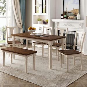 Classic 6-Piece Rectangle Brown and Cottage White Wooden Dining Table Set with 4 Chairs and Bench