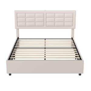 Upholstered Bed, Beige Metal Frame Full Platform Bed with Wood Slats Support, Headboard, Built-in USB and Type C Ports