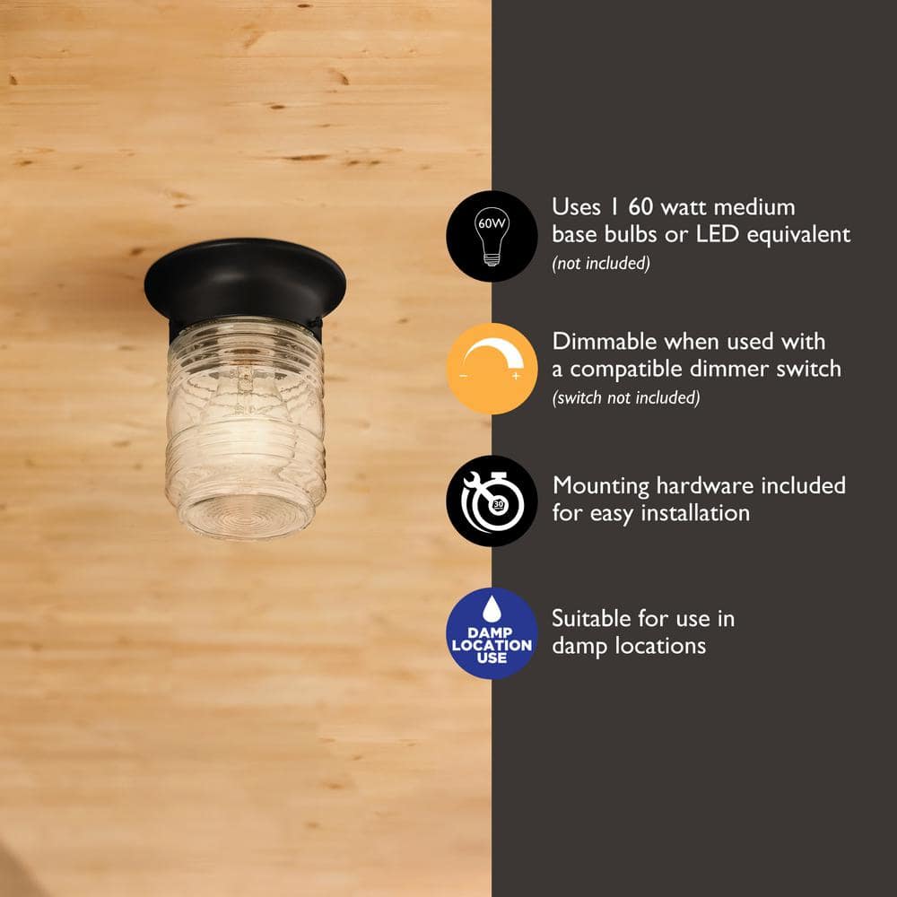 Matte Black Glass Jar Indoor/Outdoor Flush Mount Ceiling Light
