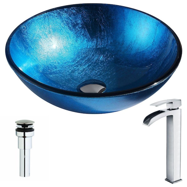 ANZZI Arc Series Deco-Glass Vessel Sink in Lustrous Light Blue with Key Faucet in Polished Chrome