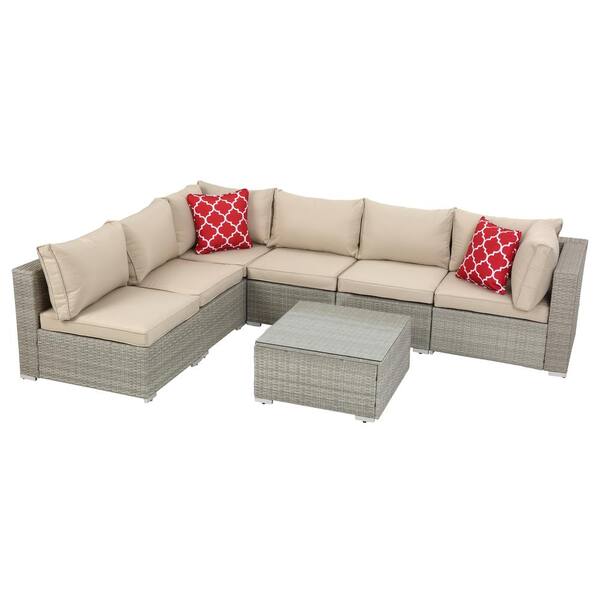 Boyel Living Outdoor Garden Patio Furniture 7-Piece PE Rattan Wicker Sectional Sofa Sets Beige Cushioned with 2 Pillows