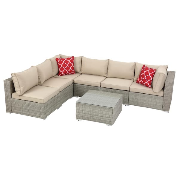 Kadehome Light Grey 7-Piece PE Rattan Wicker Outdoor Sectional Sofa Sets with 2 Beige Pillows Beige Cushioned and Grey Table