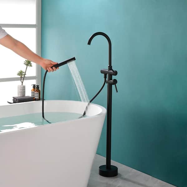 Staykiwi Freestanding Double Handle Brass Tub Faucet with Handheld Spout in Matte Black