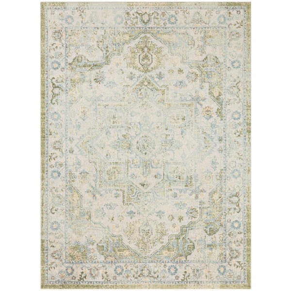 Nourison Astra Machine Washable Blue Green 5 ft. x 7 ft. Center medallion Traditional Area Rug
