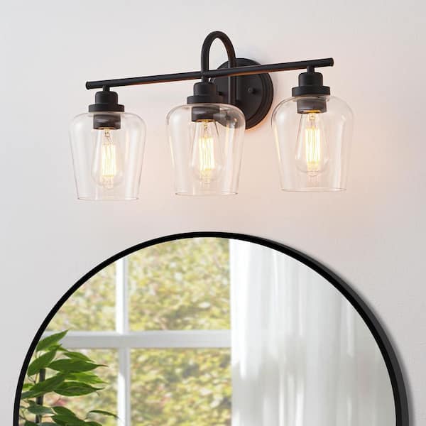 22.25 in. 3-Light Painted Black Vanity Light with Clear Glass Shade