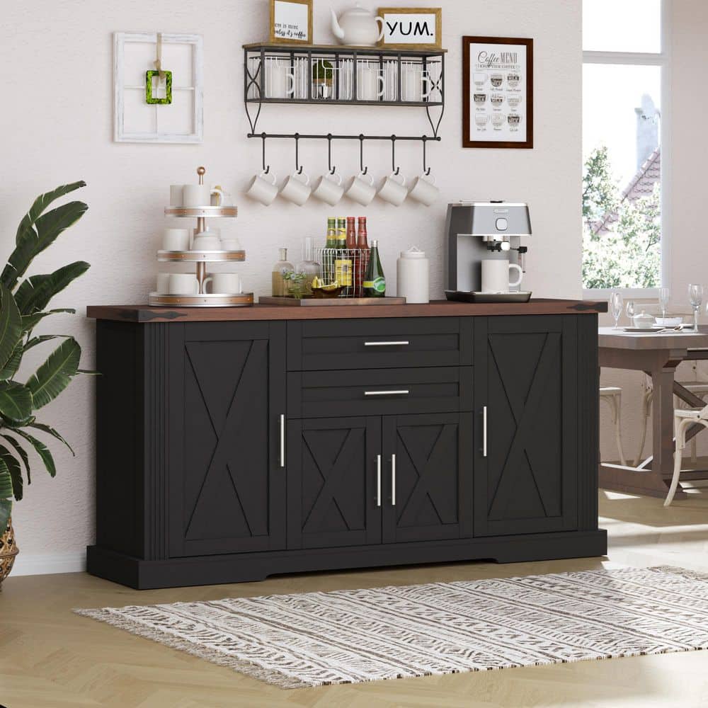 Black MDF Buffet, Kitchen Storage Cabinet with 4 Barn Doors, 2 Drawers and Adjustable Shelves for Living Room, Entryway price history on PriceWatchPro