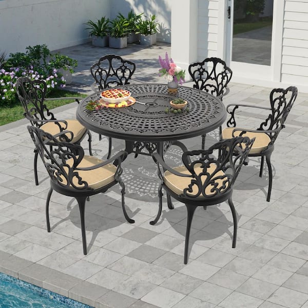 Lily Black 7-Piece Cast Aluminum Outdoor Dining Set with Round Table and Dining Chairs with Off-white Cushion