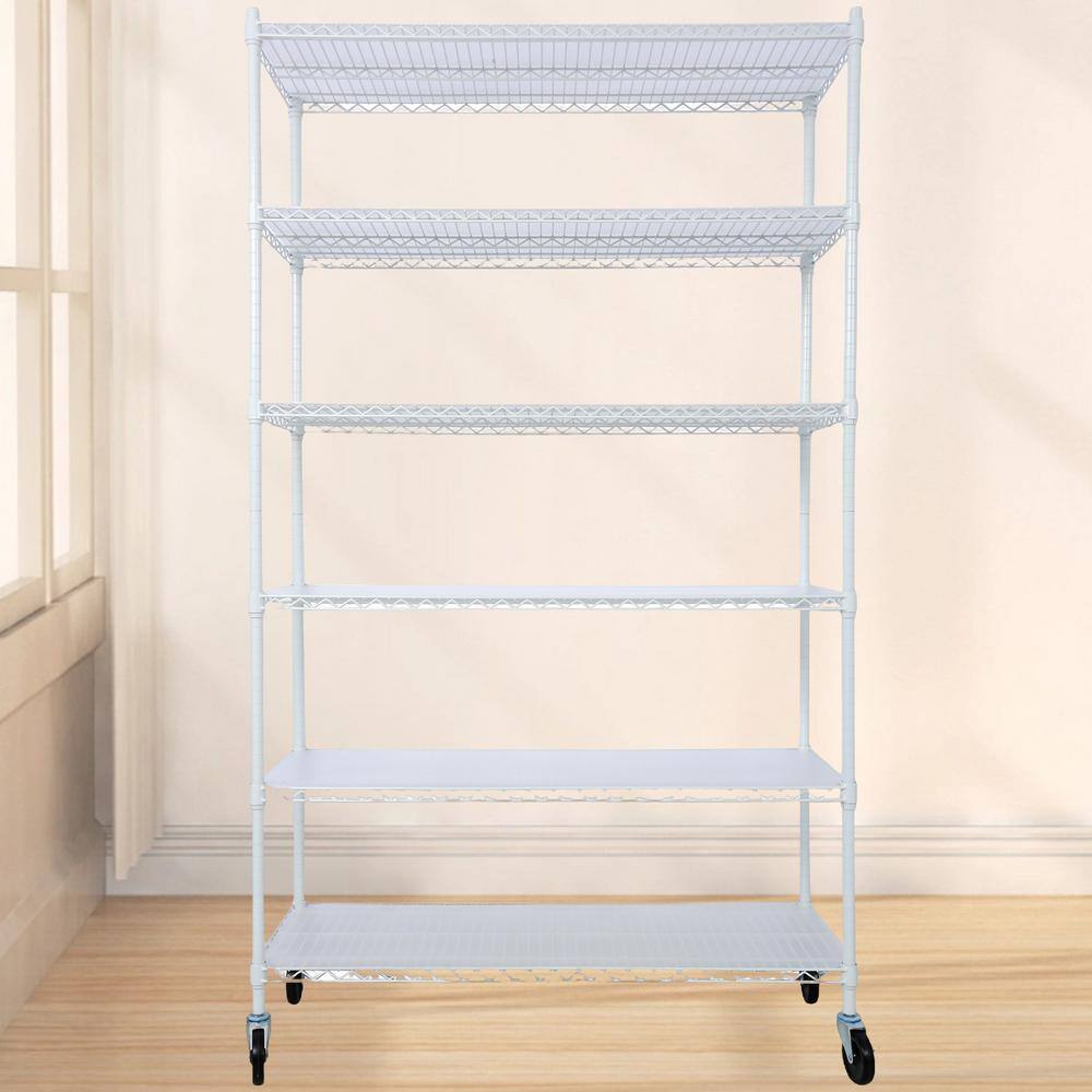White Heavy Duty 6-Tier Metal Storage Rack with Wheels