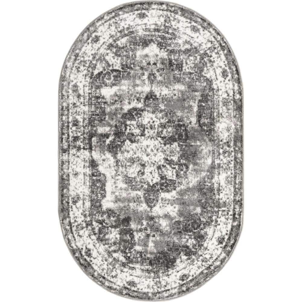 Gray Oval Stain-Resistant Synthetic Area Rug