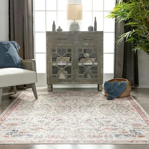 Lotus Pomona Ivory Vintage Medallion Botanical Border 5 ft. 3 in. x 7 ft. 3 in. Machine Washable Area Rug