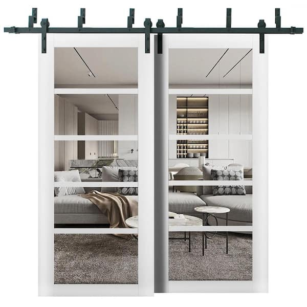 Sartodoors 36 in. x 80 in. 2 Panel Clear Glass White Solid MDF Sliding Barn Door with Hardware Kit