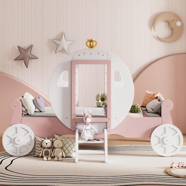 Polibi White Twin Princess Carriage Kid Bed with Crown, Wood