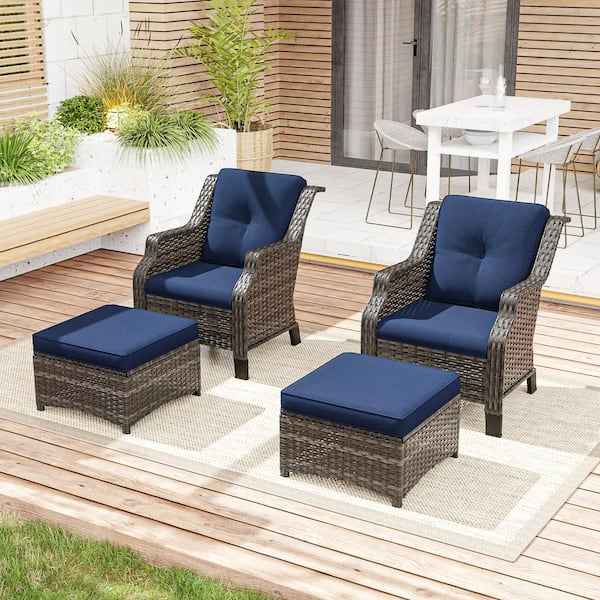 JOYSIDE 4-Piece Wicker Outdoor Patio Conversation Set with Blue Cushions and Ottoman