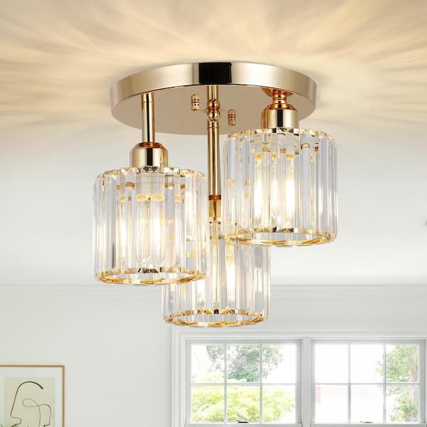 9.8 in. 3-Light Gold Modern Semi-Flush Mount Light with Crystal Shade and No Bulbs Included
