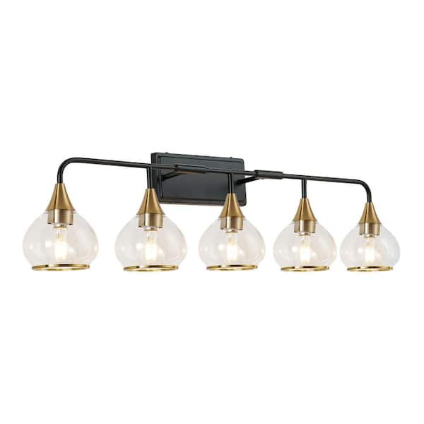 Modern 40 in. 5-Light Gold Vanity Light Wall Sconce with Clear Glass Shades, Industrial Wall Mounted Lamp(No Bulb)