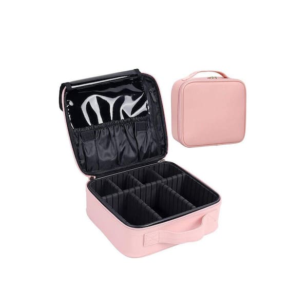 Pink PU Leather Travel Toiletry Bag Makeup Case with Adjustable Dividers, Portable Cosmetic Organizer for Women