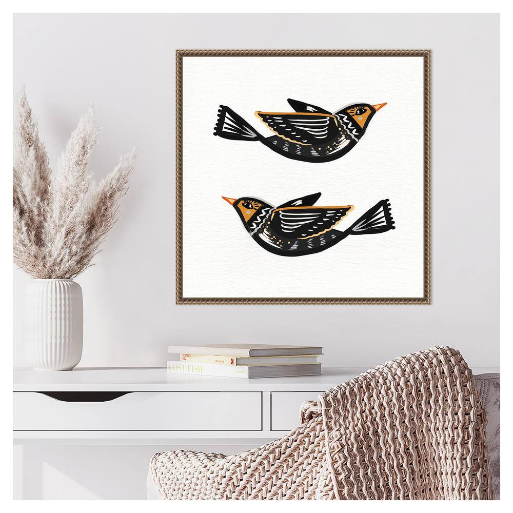 Nordic Folk Birds Abstract Canvas Wall Art with Beaded Frame