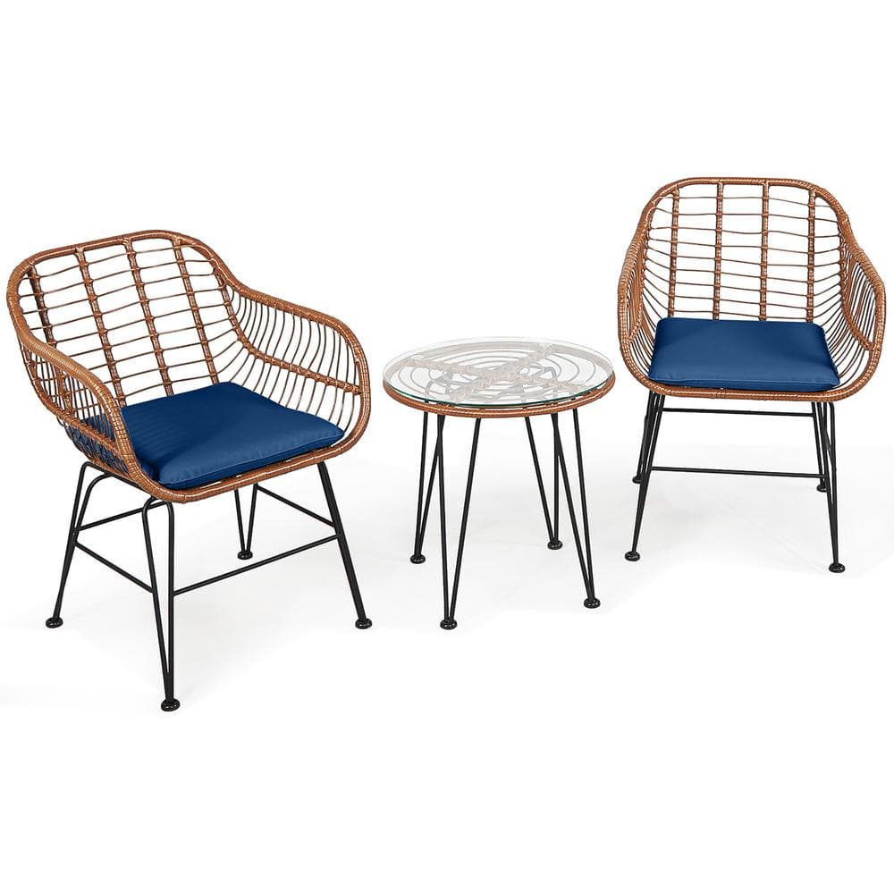 Costway 3-Piece Wicker Outdoor Bistro Set Coffee Table Armchair Garden with Navy Cushion