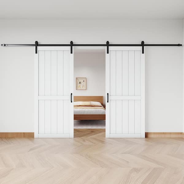 ARK DESIGN 72 in. x 96 in. White Paneled H Style White Primed MDF Sliding Barn Door with Hardware Kit Without Soft Close