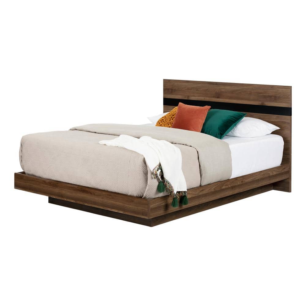 Queen Natural Walnut and Matte Black Floating Platform Bed