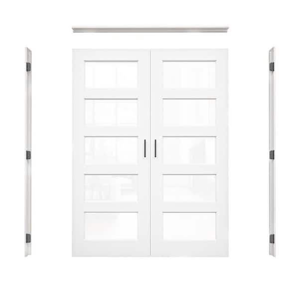 60 in. x 80 in. 5-Lite Clear Glass Universal White Solid Core Glass Double Prehung French Door+ Separate Jamb&Ball Catch