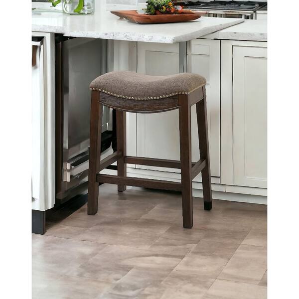 Julia 20 in. Taupe and Brown Backless Wood Counter Stool with Fabric and Nail Head Trim Seat