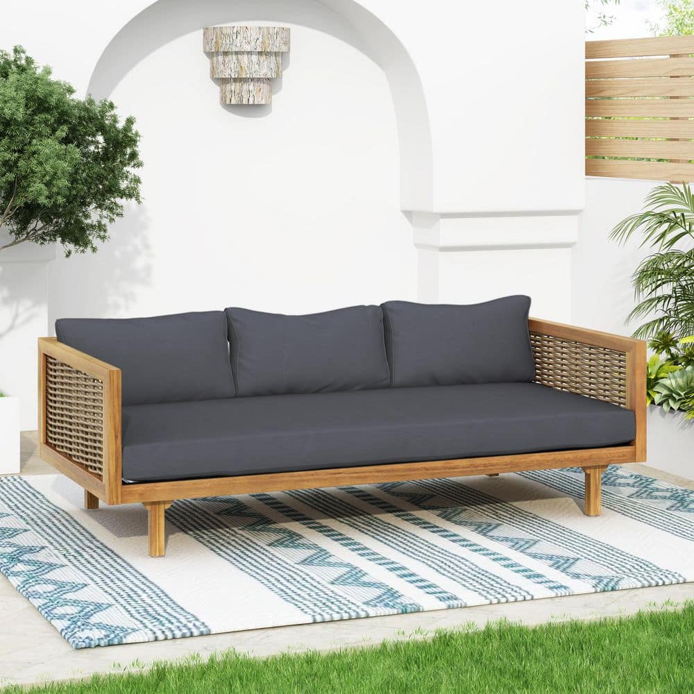 Teak Color Wood Frame 3 Seater Outdoor Day Bed with Rattan Arms, Dark Gray Cushions price history on PriceWatchPro