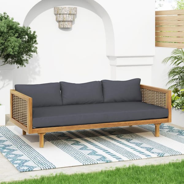Harper & Bright Designs Teak Color Wood Frame 3 Seater Outdoor Day Bed with Rattan Arms, Dark Gray Cushions