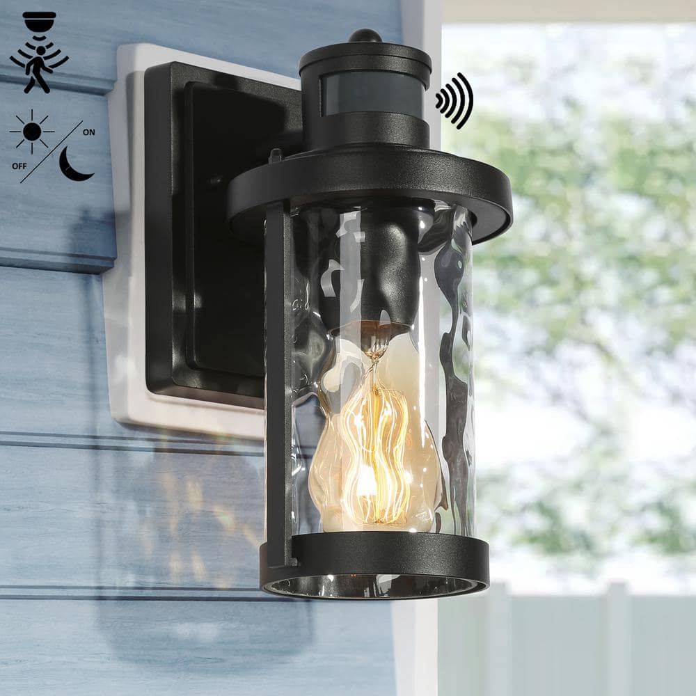 Uolfin Modern Black Outdoor Wall Light 1-Light Motion Sensor Wall Lantern  Sconce with Water Rippled Glass Shade (1-Pack) 628G8UEFAJR4744 The Home  Depot