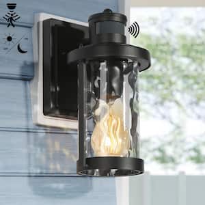 Modern Black Outdoor Wall Light 1-Light Motion Sensor Wall Lantern Sconce with Water Rippled Glass Shade (1-Pack)
