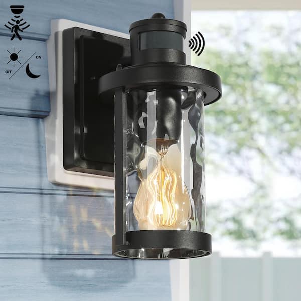 Uolfin Modern Black Outdoor Wall Light 1-Light Motion Sensor Wall Lantern Sconce with Water Rippled Glass Shade (1-Pack)