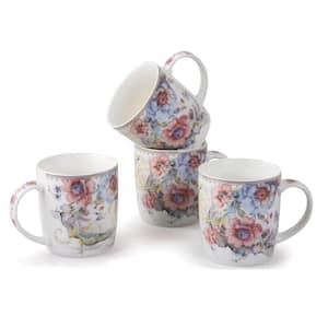 12 oz. Blue Floral Design Porcelain Mug (Set of 4)