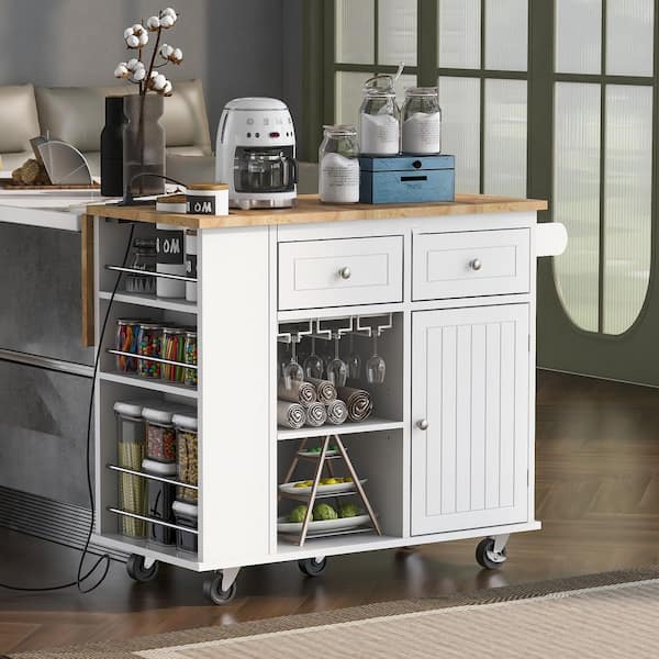 Ximuprmy White Wood 40 in. Kitchen Island with 3-Power Outlet, Drop Leaf, Adjustable Shelves and Wine Rack for Kitchen Room