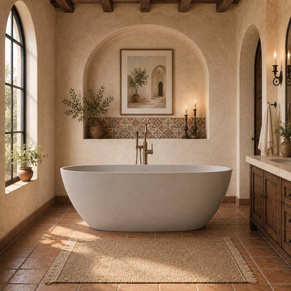 65 in. Oval Solid Surface Resin Freestanding Soaking Bathtub in Beige with Pop-Up Drain price history on PriceWatchPro
