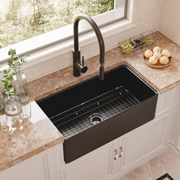Kuomih Black Fireclay 33 in. Single Bowl Farmhouse Apron Kitchen Sink with Bottom Grid and Basket Strainer