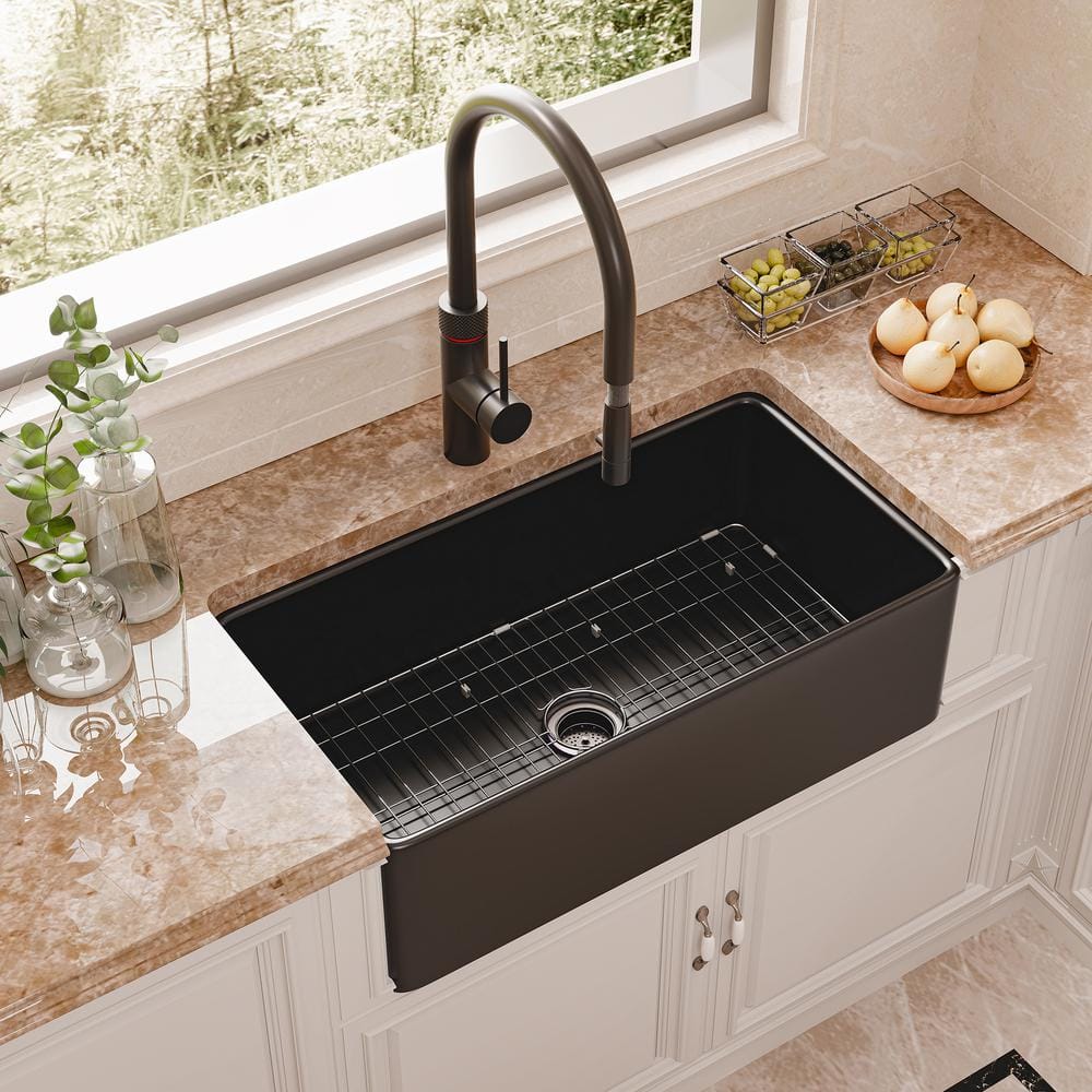 Zeafive 33 in. Fireclay Farmhouse Apron Front Single Bowl Kitchen Sink Matte  Black With Bottom Grid and Strainer ZFC3318-B2 - The Home Depot