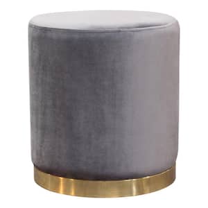Gray and Gold Velvet Round Accent Ottoman