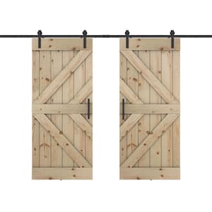 Double KL 60 in. x 84 in. Fully Set Up Unfinished Pine Wood Sliding Barn Door with Hardware Kit