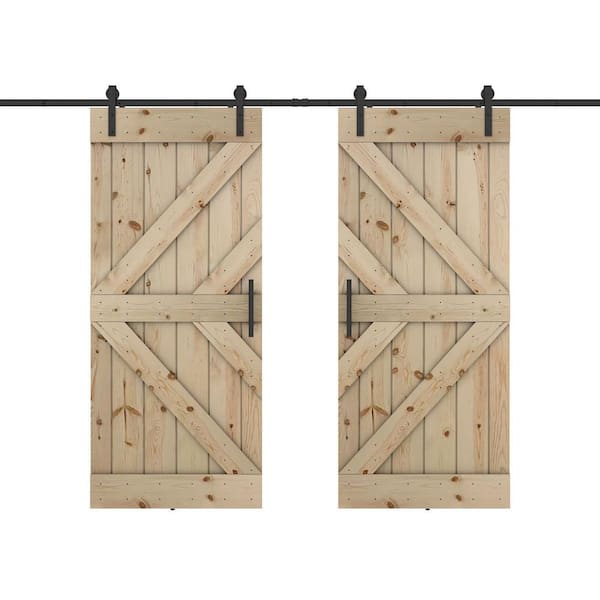 Dessliy Double KL 72 in. x 84 in. Unfinished Pine Wood Sliding Barn Door with Hardware Kit (DIY)