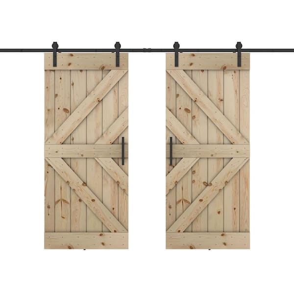 Dessliy Double KL 84 in. x 84 in. Fully Set Up Unfinished Pine Wood Sliding Barn Door with Hardware Kit