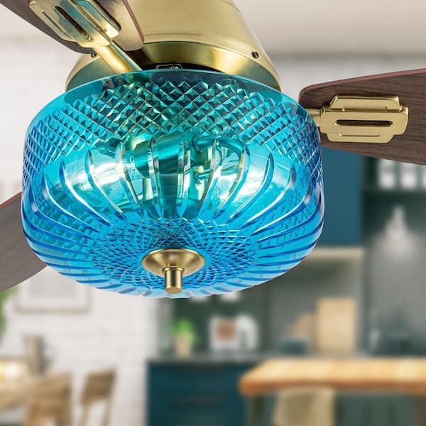 Renee 42 in. 2-Light Indoor Gold Ceiling Fan with Iridescent Blue Bowl Shade and Remote Control