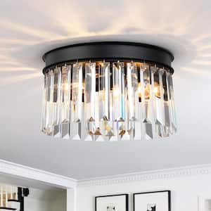 12 in. 3-Light Round Modern Black Drum Flush Mount Ceiling Light with Clear Crystal Shade