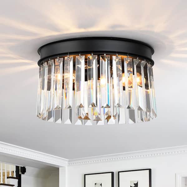 pasentel 12 in. 3-Light Round Modern Black Drum Flush Mount Ceiling Light with Clear Crystal Shade