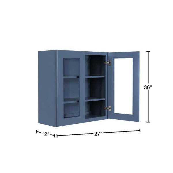 LIFEART CABINETRY Lancaster Blue Plywood Shaker Stock Assembled Wall Glass-Door Kitchen Cabinet 33 in. W x 12 in. D x 36 in. H